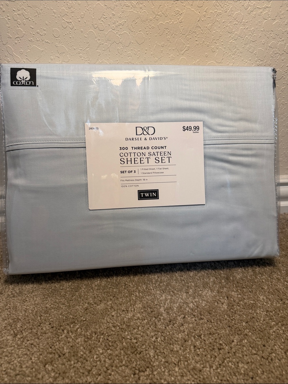 Light Blue 300TC Cotton Sateen Twin Sheet Set